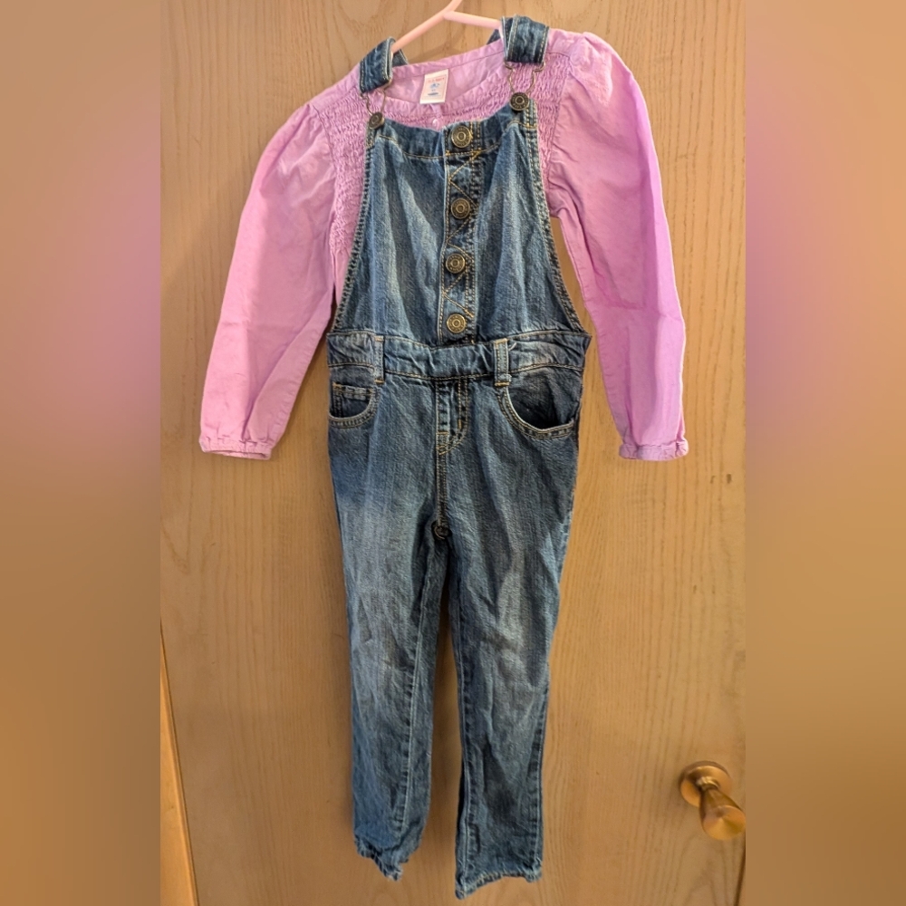 Old Navy 5T Denim Overalls with A Lavender Blouse